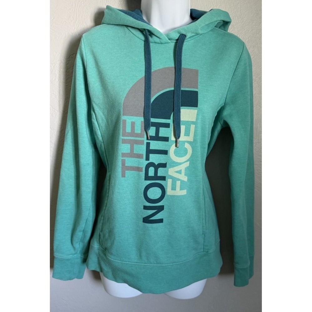 The North Face Hoodie Womens Medium Teal Blue Graphic Pullover Fleece Sweatshirt